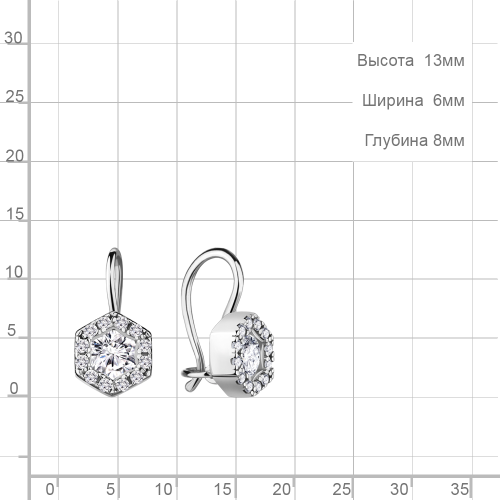 Серьги на петле женские из родированого серебра 925 пробы 48775А с фианитом