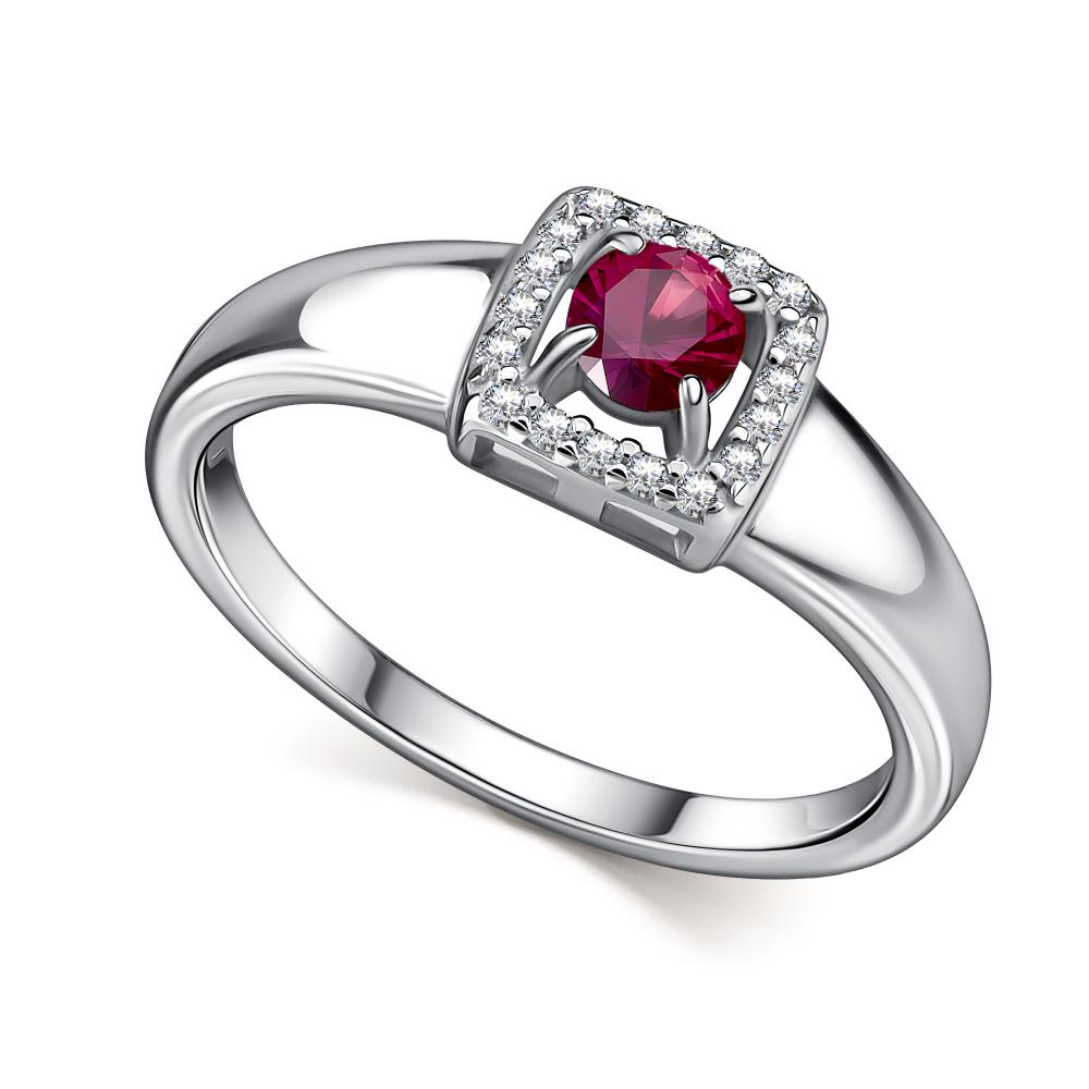 Кольцо из родированого серебра 925 пробы 01-4561/000Р-00 с фианитами и рубином