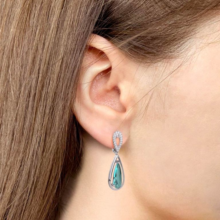 Серьги с английским замком женские из родированого серебра 925 пробы 45003088А с нанотурмалинами и фианитами