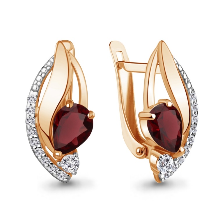 Серьги с английским замком женские из красного золота 585 пробы 4966903А с гранатами и фианитами