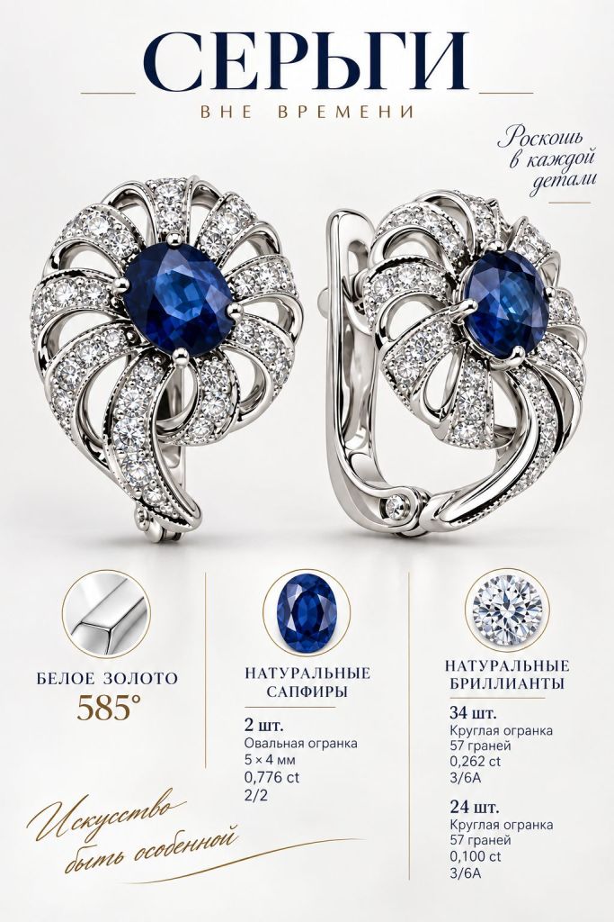 Серьги с английским замком женские из белого золота 585 пробы 2644-202 с сапфирами и бриллиантами