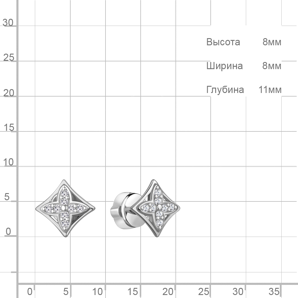 Серьги пусеты гвоздики из родированного серебра 925 пробы 400598А
