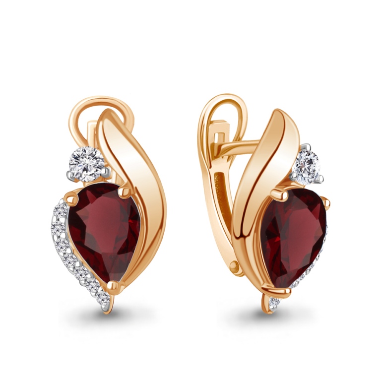 Серьги с английским замком женские из красного золота 585 пробы 4966103А с гранатами и фианитами