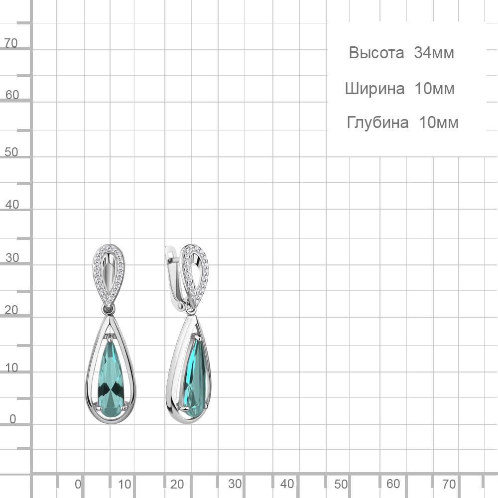 Серьги с английским замком женские из родированого серебра 925 пробы 45003088А с нанотурмалинами и фианитами