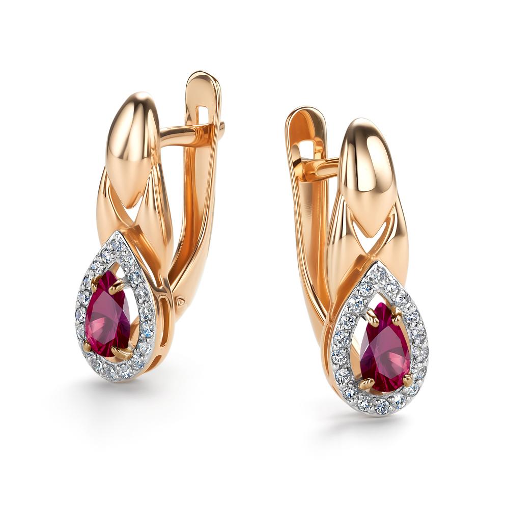 Серьги с английским замком женские из красного золота 585 пробы 26434-103 с рубинами и бриллиантами