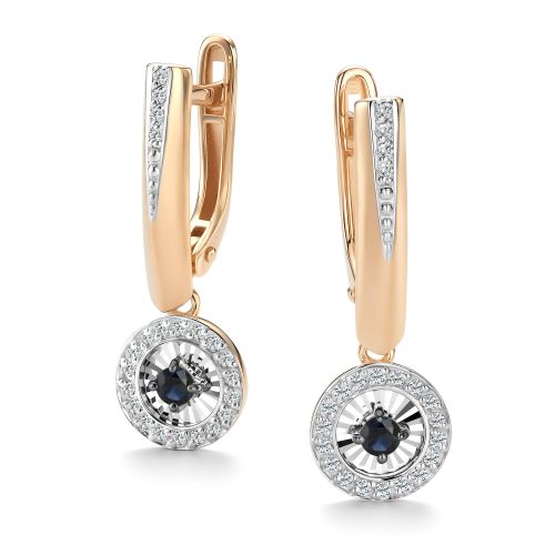 Серьги с английским замком женские из красного золота 585 пробы 27019-102 с сапфирами и бриллиантами