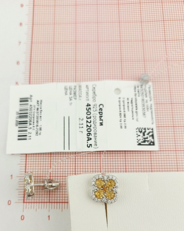 Серьги пусеты гвоздики из родированого серебра 925 пробы 45032206А с цитринами и фианитами