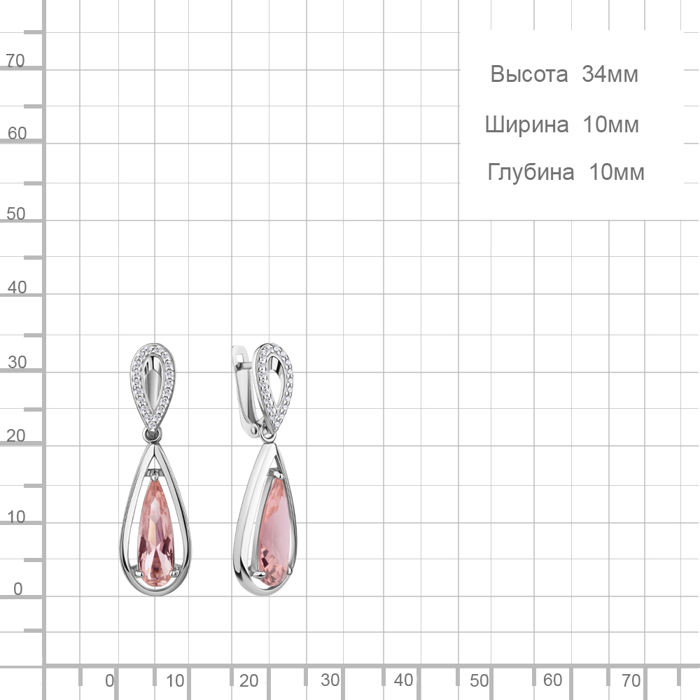 Серьги с английским замком женские из родированого серебра 925 пробы 45003090А с наноморганитами и фианитами
