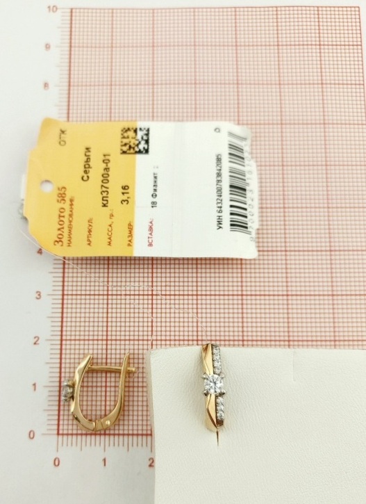 Серьги с английским замком женские из красного золота 585 пробы кл3700а-01 с фианитами