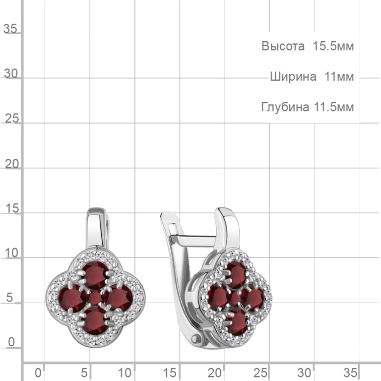 Серьги с английским замком женские из родированного серебра 925 пробы 45029303А с гранатами и фианитами