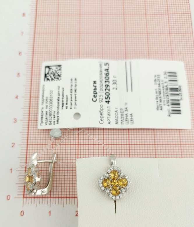 Серьги с английским замком женские из родированого серебра 925 пробы 45029306А с цитринами и фианитами