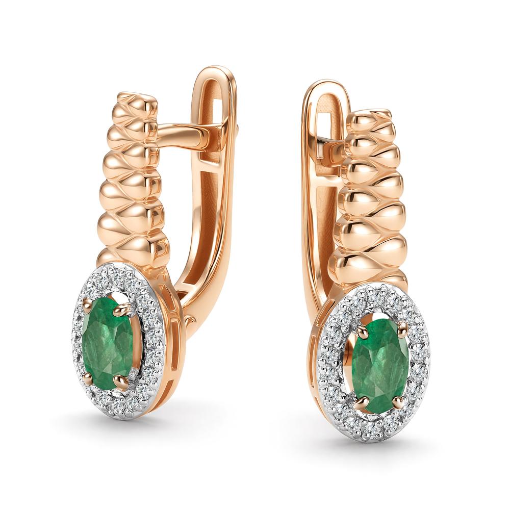 Серьги с английским замком женские из красного золота 585 пробы 27287-101 с изумрудами и бриллиантами
