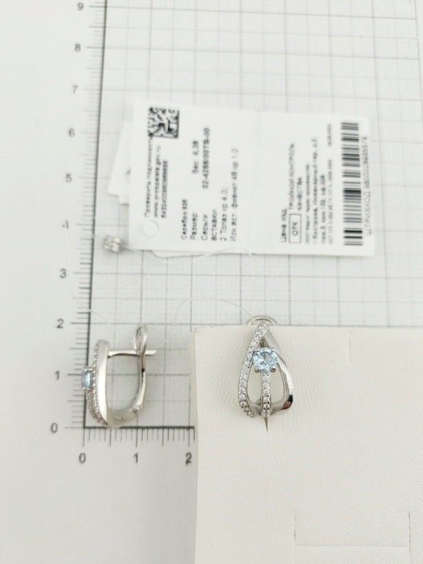 Серьги с английским замком женские из родированого серебра 925 пробы 02-4288/00ТБ-00 с топазами и фианитами