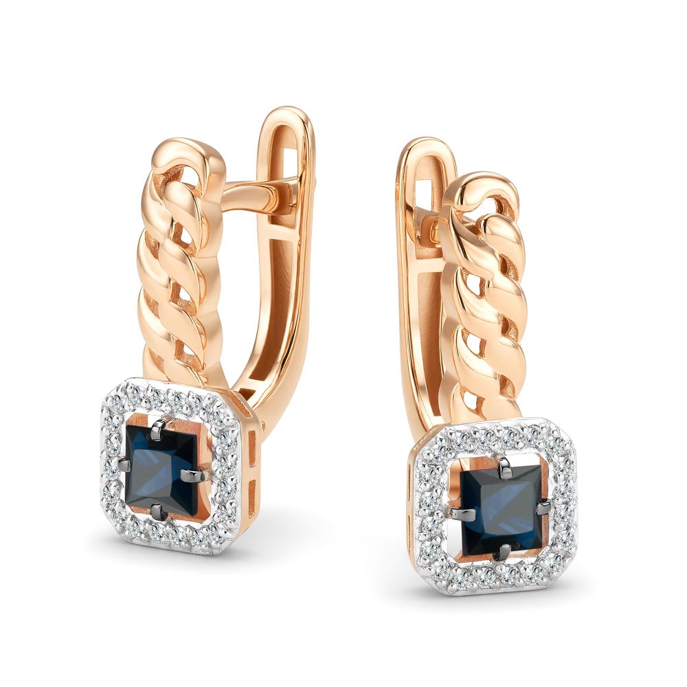 Серьги с английским замком женские из красного золота 585 пробы 27289-102 с сапфирами и бриллиантами