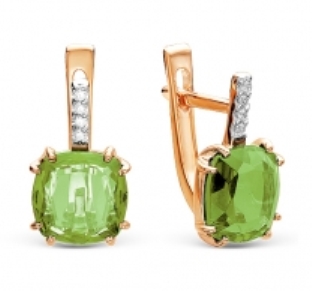 Серьги с английским замком женские из красного золота 585 пробы 200-1073  Зеленый