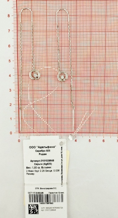 Серьги протяжки женские из родированого серебра 925 пробы 3101028648